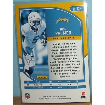 2021 Panini Absolute JOSH PALMER (Chargers) Rookie Card #124