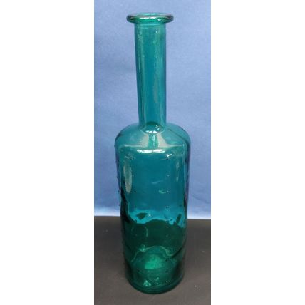 Tall Vintage MCM Teal Turquoise Dimpled Glass Vase Bottle Spain Art Glass 15.5"