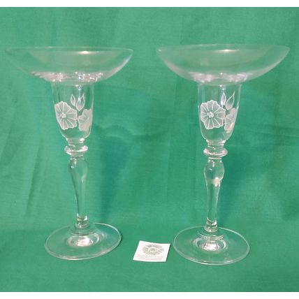 PAIR OF CLEAR GLASS CHAMPAGNE COUPE STYLE CANDLEHOLDERS w WHITE FLOWER DESIGN