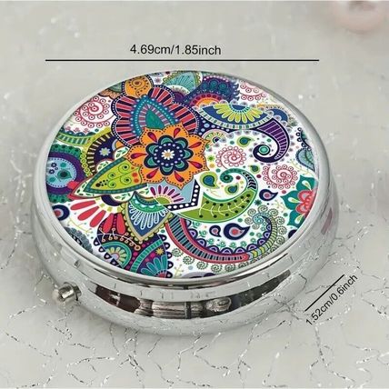 Colorful Paisley Themed Round Pill Box Metal 3 Compartment