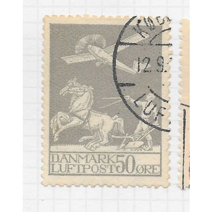 DENMARK DANMARK 1929 AIR AIRMAIL 50o PLANE HORSE FARMER PLOUGH USED SG227 Mi 180