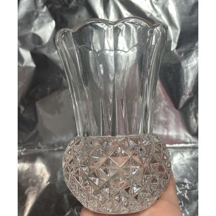 Vintage Clear Diamond Point Crystal Vase 5” Tall Footed Glass Bud Scalloped Top
