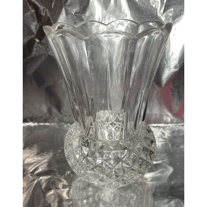Vintage Clear Diamond Point Crystal Vase 5” Tall Footed Glass Bud Scalloped Top