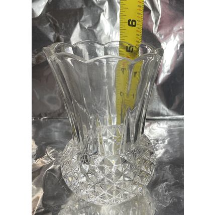 Vintage Clear Diamond Point Crystal Vase 5” Tall Footed Glass Bud Scalloped Top