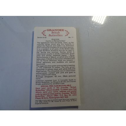 1983 Grandee British Butterflies Card # 11 of 32 Peacock Very Good-Excellent (4)