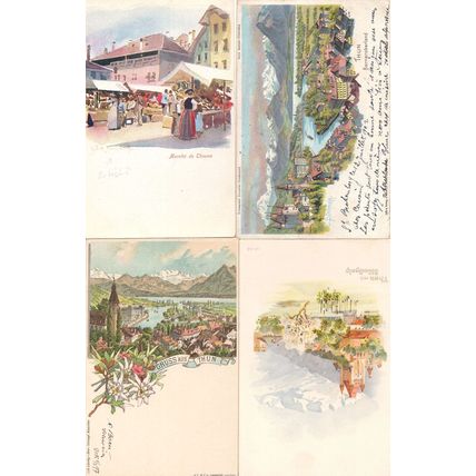 Gruss Aus Marche De Thun Thoune Map Switzerland 4x Old Postcard s