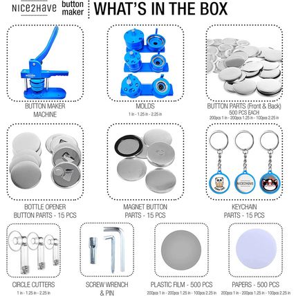 Button Maker Machine Multiple Sizes 1+1.25+2.25In (500 Buttons,15 Bottle Openers