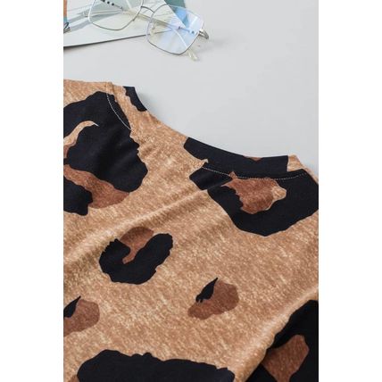 Light French Beige Leopard Folded Short Sleeve Buttoned V Neck T Shirt