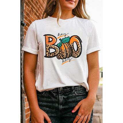 White BOO Pumpkin Leopard Print Crew Neck T Shirt