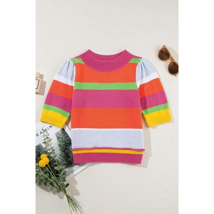Multicolour Color Block Cropped Short Sleeve Sweater