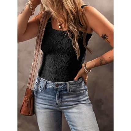 Black Floral Jacquard Square Neck Tank Top