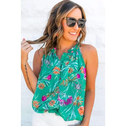 Bright Green Floral Print Buttoned Neckline Tank Top