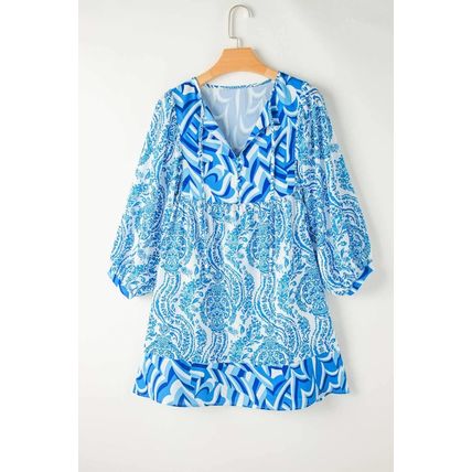 Sky Blue Bohemian Print Puff Sleeve Tied V Neck Flared Mini Dress