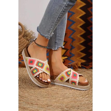 White Geometric Woven Crisscross Strap Platform Slippers