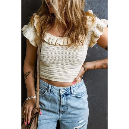 Beige Ruffled Neckline Knitted Short Sleeve Crop Top