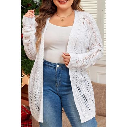 White Plus Size Eyelet Knit Open Front Cardigan