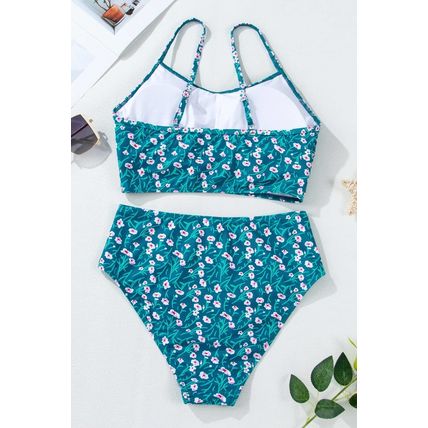Blue Floral Print Smocked Cute Bikini Set