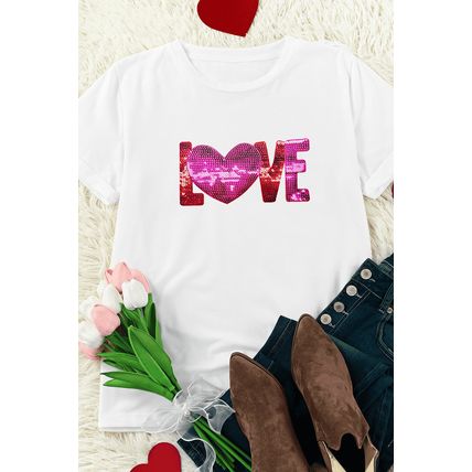 White Heart LOVE Patched Pattern Crewneck Valentines T Shirt