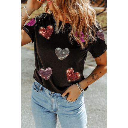 Black Sequin Heart Patched Pattern Crewneck Valentines Tee