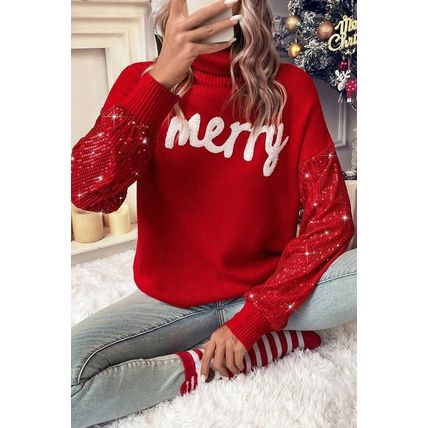 Racing Red Merry Graphic Sequin Sleeves Christmas Turtleneck Sweater