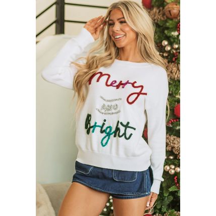 White Tinsel Merry and Bright Graphic Christmas Sweater