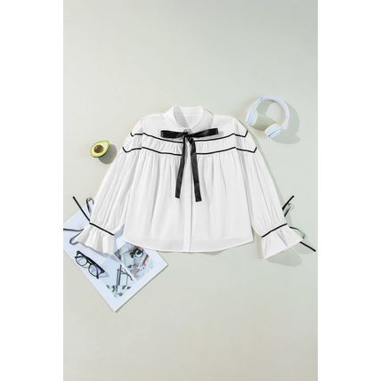 White Black Pipping Ribbon Bowtie Collared Ruffled Puff Sleeve Shirt