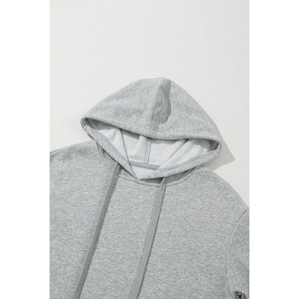 Light Grey Solid Color Fleece Lined Drawstring Hoodie with Pocket
