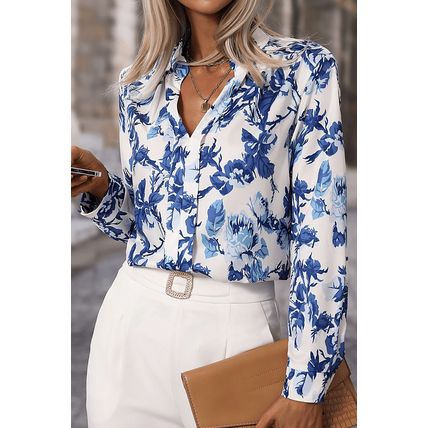 Sky Blue Floral Print Notched Neck Elegant Blouse