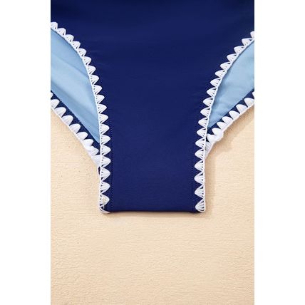 Beau Blue Ric Rac Trim Contrasted Patchwork Cutout One Piece Swimsuit