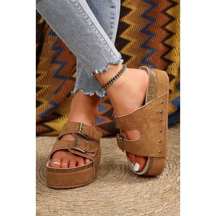 Chestnut Suede Buckle Decor Footbed Sandal Slippers