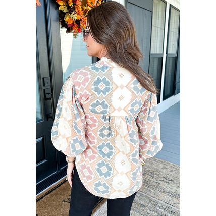 Khaki Geometric Print Tassel Tie Split Neck Balloon Sleeve Blouse