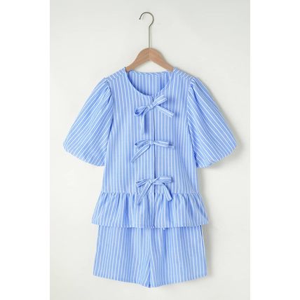 Sky Blue Striped Bowknot Detail Puffy Sleeve Top and Shorts 2Pcs Set