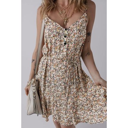 Khaki Boho Floral Printed Tie Waist Flared Sundress