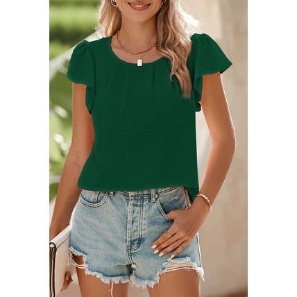 Blackish Green Flounce Sleeve Pleated Textured Blouse