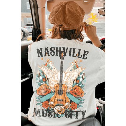 White NASHVILLE MUSIC CITY Guitar Wings Graphic Tee