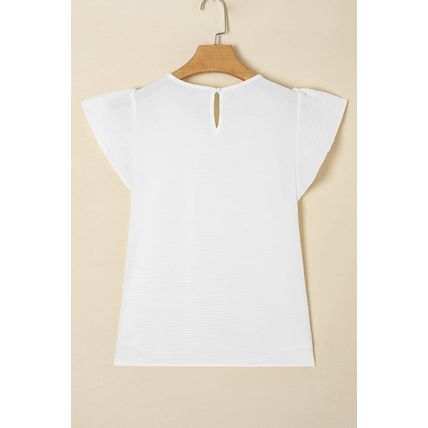 White Flounce Sleeve Pleated Textured Blouse