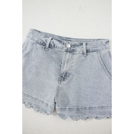 Dusk Blue Scalloped Hemline Acid Wash High Waist Denim Shorts