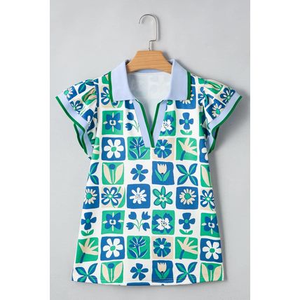 Green Floral Plaid Colorblock Trim Collar Flutter Sleeve Blouse
