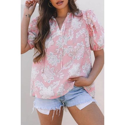 Pink Floral Print Drawstring V Neck Puff Sleeve Loose Blouse