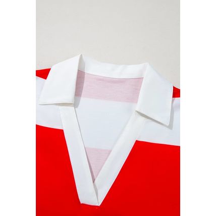 Red Stripe Collar V Neck Cuffed Dolman Short Sleeve Top