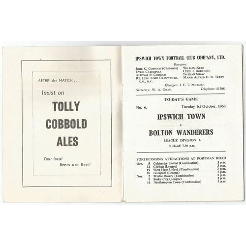 1963-64 IPSWICH TOWN v BOLTON WANDERERS (Very Good Condition - No Writing)