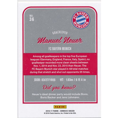 2016 Donruss Soccer 36 Manuel Neuer FC Bayern Munich