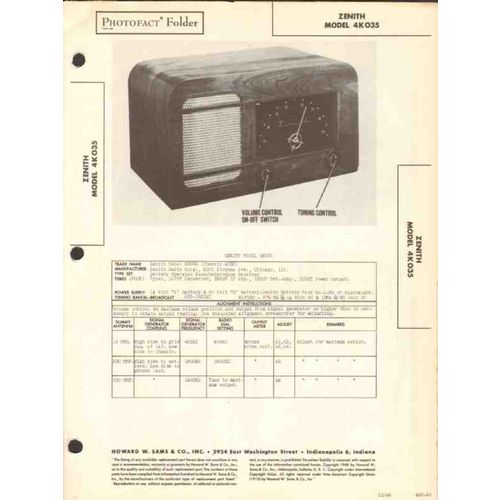 ZENITH model 4K035 4 tube AM radio receiver Sams Photofact manual