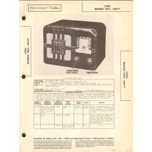 LYRIC model 546T 546TY 5 tube AM radio receiver Sams Photofact manual
