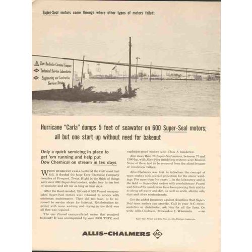 ALLIS-CHALMERS 1962 Dow Hurricane Carla Super Seal Motors vintage ad