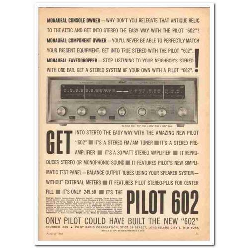 PILOT RADIO CORP 1960 602 AM FM Stereo Receiver Tuner amp vintage ad