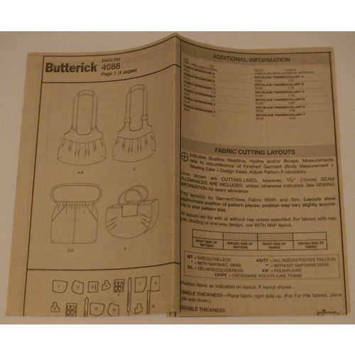 Butterick Sewing Pattern # B4088 Womens Handbags Uncut