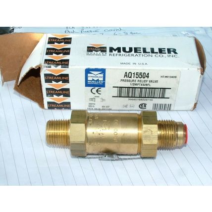 Pressure relief valve. Mueller AQ15504 1/2" MPT x 5/8 FL 200 Psi release