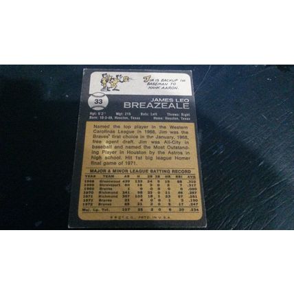 1973 Topps Card # 033 Jim Breazeale Very Good (3) Atlanta Braves