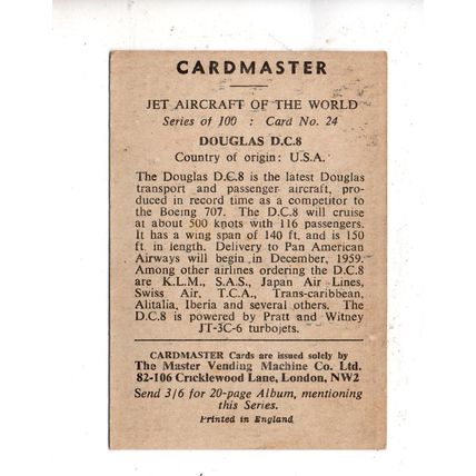 CARDMASTER JET AIRCRAFT OF THE WORLD 1958 DOUGLAS D.C.8 No.24 USA